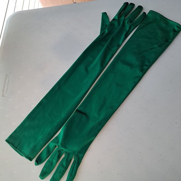 Green Satin Finish Opera Gloves 22" Halloween Costume Elegant Formal Stretch - Picture 9 of 9